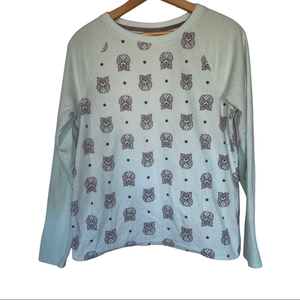 Owl PJ Light Blue Fleece Pajama Top Long Sleeve Lounge